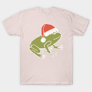 White Line Knitted Frog Wearing Christmas Santa Hat T-Shirt